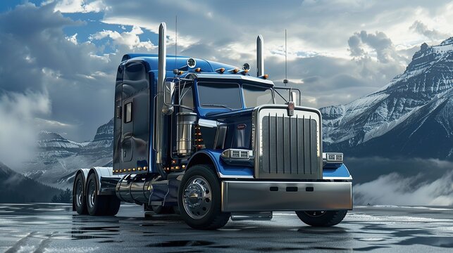 create an image of a big darkblue american truck with zilver accents. copy space for text.
