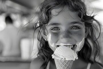 Smiling Girl with Freckles Enjoying a Messy Ice Cream Cone