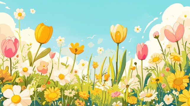 A charming border of cartoon flowers pops against the lush green grass featuring delightful pink tulips dainty chamomile and cheerful yellow buds set against a backdrop of a spring scene wit