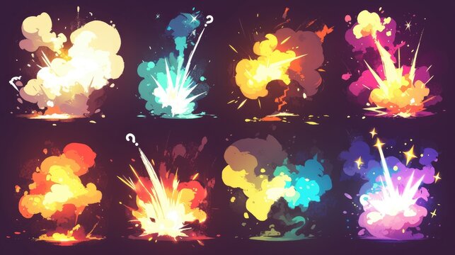 A compilation of timeless 2D cartoon special effects awaits you comprising 10 dynamic elements question mark exclamation mark flash span smoke blow multicolored glitter steam stars and spar