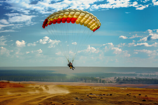 A paraglider about to land with his parachute after jumping out of a plane