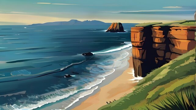 beach at sunset A captivating vector illustration of a rugged coastal cliff overlooking the vast expanse of the ocean, where waves crash against the rocky shore below with a thunderous roar. Seabirds 
