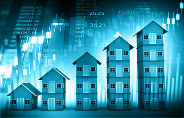 Real estate building graph on stock market graph background. 3d illustration..