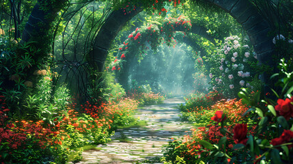 Beautiful secret fairytale garden with flower arches - obrazy, fototapety, plakaty