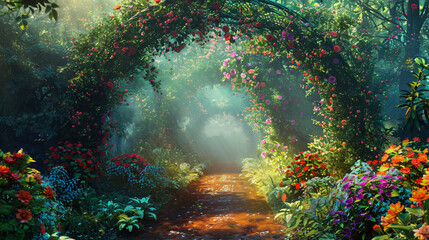 Beautiful secret fairytale garden with flower arches