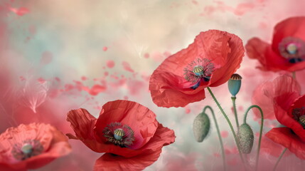 Translucent red poppies, photographed in artistic blur, suggesting themes of beauty and fragility.