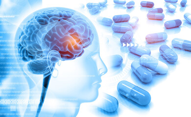 Human brain anatomy with medical pills. 3d illustration.. - obrazy, fototapety, plakaty