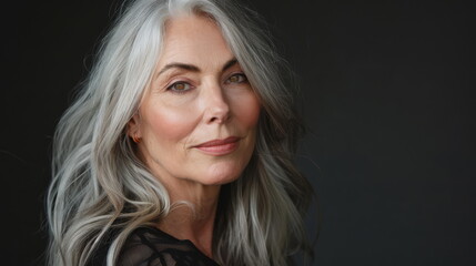 Fototapeta premium Gentle portrait of a gray-haired woman looking afar. Fits concepts of wisdom, future planning.