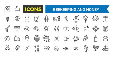 Beekeeping And Honey Products Icons Set, Set Of Bee Hive, Apiary, Apiculture, Beekeeper, Honey Jar, Pollen, Perga, Bee Bread, Bee Queen, Royal Jelly, Apiculture Vector Icon, Vector Illustration