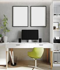 Two poster frame mock up in bright interior background, cabinet, Scandinavian style, 3D render, 3D illustration
