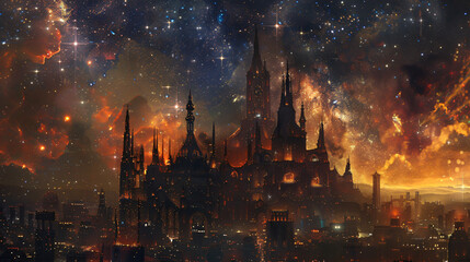 City of stars dark fantasy style magic world. .