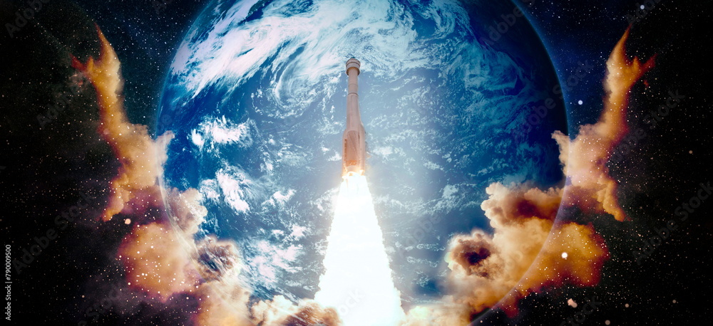 Wall mural rockets launch into space on the starry sky. spacecraft flies into space with clouds of smoke. eleme