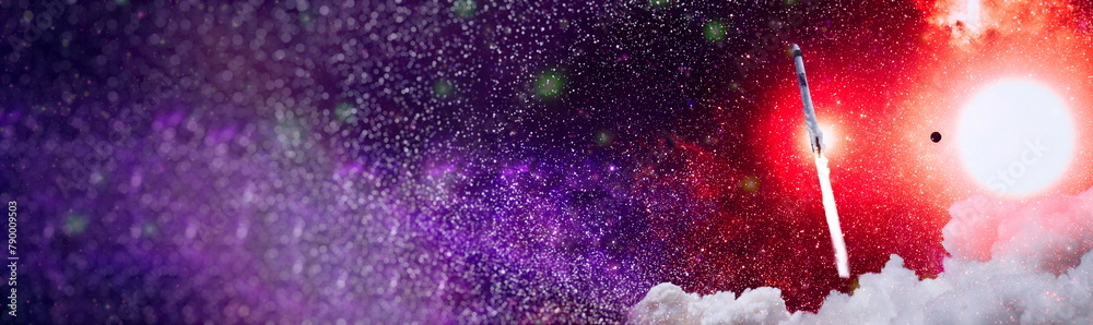 Wall mural dark space shuttle launch in the clouds with stars on background.spaceship flight. elements of this 