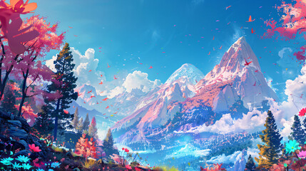 Colorful landscape with trees and pink mountains 