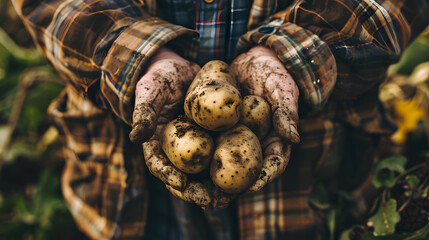 Person holding a bunch of potatoes, a terrestrial plant used in cuisine