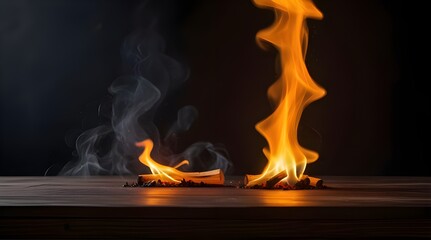 Fototapeta premium wooden table with Fire burning at the edge of the table, fire particles, sparks, and smoke in the air, with fire flames on a dark background to display products.generative.ai 