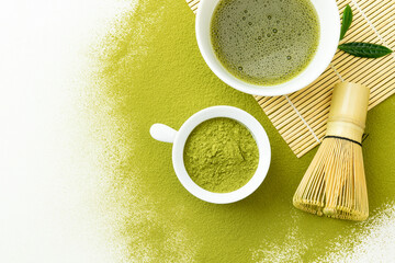 matcha powder with green tea on white background. top view 