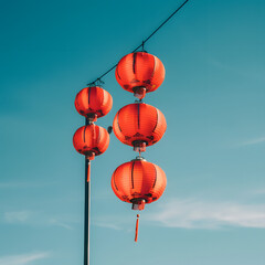 Red Chinese lanterns with blue sky background. Lunar new year , Concept of Chinese culture.