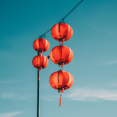 Red Chinese lanterns with blue sky background. Lunar new year , Concept of Chinese culture.