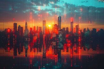 A silhouette of a city skyline, adorned with holographic projections, showcasing the fusion of...