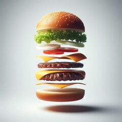 Creation of a hamburger, with stacked ingredients in diagrammatic form, against a white background
