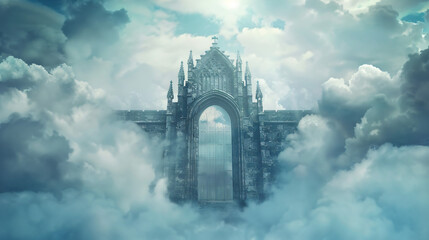 Door in a fantasy castle with a cloud background door - obrazy, fototapety, plakaty
