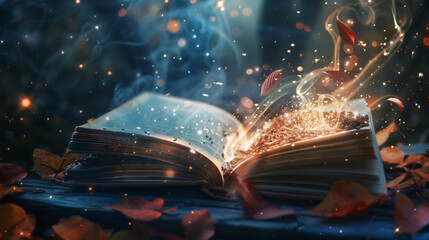 Fantasy book open bursting with magic and knowledge.