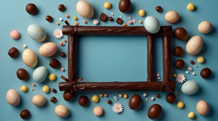 easter frame from sweet chocolate treats for easter on light blue background.generative.ai 