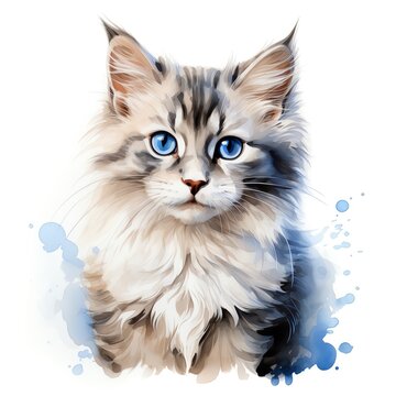 A watercolor painting of a cute cat with blue eyes.