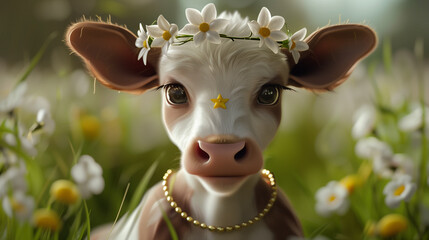 3D cute baby cow with white and brown colors, wearing a gold necklace around its neck, a small yellow star on its forehead, a white flowers crown on its head, animated film style, with adorable eyes, 