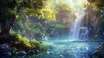 Fantasy landscape featuring a waterfall enchanted forest