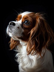 Naklejka premium Studio portrait of a dog over a black background cavalier king charles spaniel