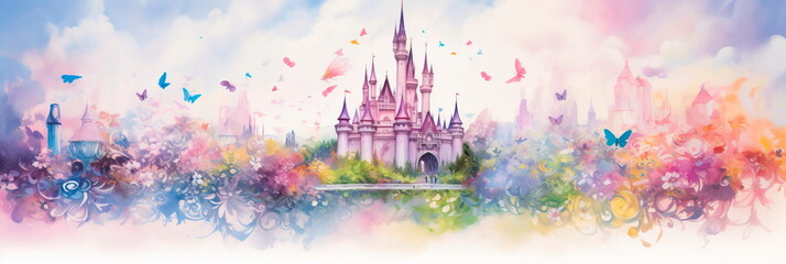 watercolor castle with a whimsical fairy tale theme