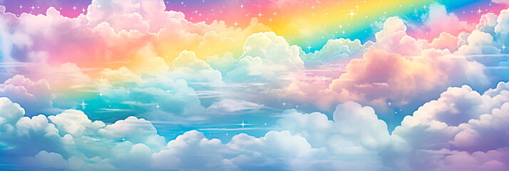 Fototapeta premium playful watercolor background featuring a vivid rainbow stretching across the sky, leading to a world of color and enchantment.