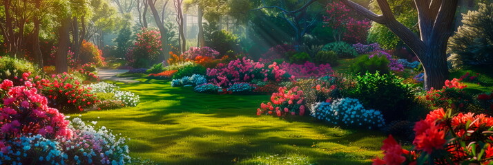 spring gardens with dynamic oil paintings showcasing colorful flower beds, manicured lawns, and winding pathways.