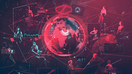 A cyber world surrounded by digital connections. with depictions of data scientists around it in different attitudes. The backdrop is dark crimson