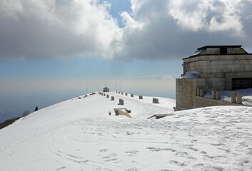 Pieve, TV, Italy - March 13, 2024: Military Memorial of Monte Grappa an ossuary of First World War in winter