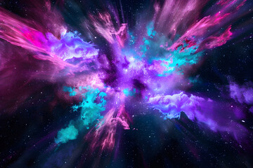 Bold neon galaxy with vibrant purple and teal tones creating a cosmic explosion. Stunning artwork on black background.