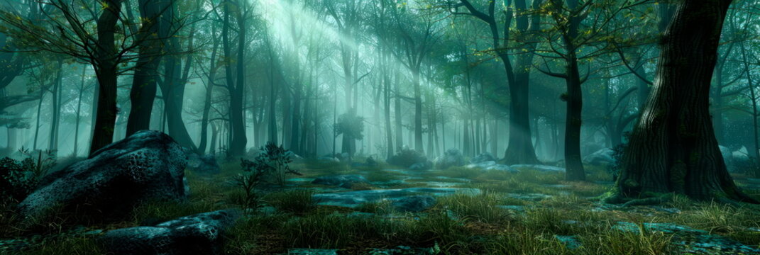 a haunted forest with eerie fog and ghostly figures,