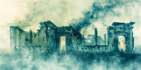 mysterious ancient ruin emerging from the mist, its crumbling walls painted in the enchanting style of watercolor.