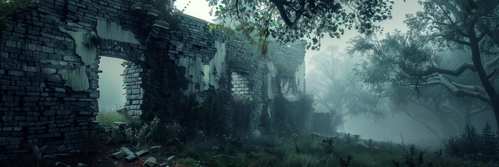 Fototapeta premium mysterious ancient ruin emerging from the mist, its crumbling walls painted in the enchanting style of watercolor.