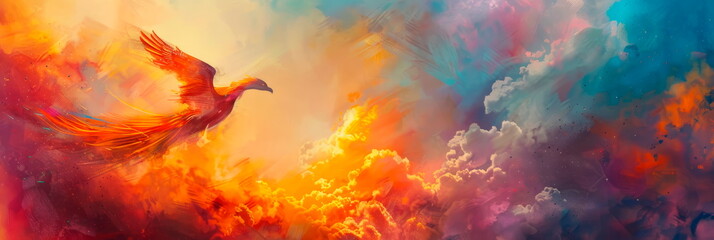 mystical creature such as a phoenix , soaring through the sky against an enchanted watercolor backdrop - obrazy, fototapety, plakaty