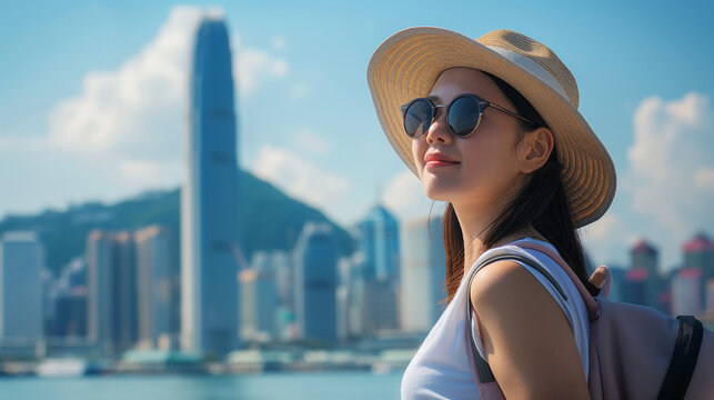 Amidst the hustle and bustle of a vibrant city skyline, a young Asian tourist readies herself for her holiday voyage, a stylish beach hat shielding her from the urban sun and sunglasses