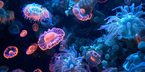 Neon Sea Dwellers, Exploring the Neon Bioluminescence of Underwater Jellyfish and Marine Life