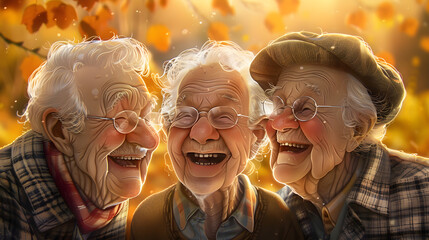 A detailed perspective of three elderly people sharing a laugh. their wrinkled expressions and cheerful eyes sparkling in the afternoon sun