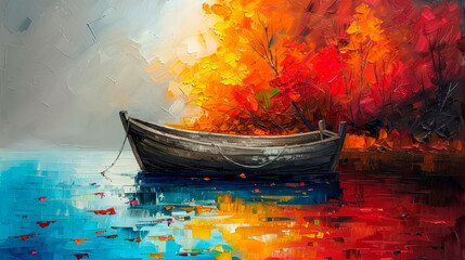 serene lakeside scene, captured in vibrant colors and thick layers of oil paint.