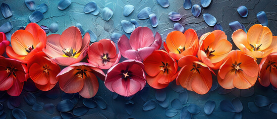 brightly colored flowers are arranged in a row on a blue background - obrazy, fototapety, plakaty