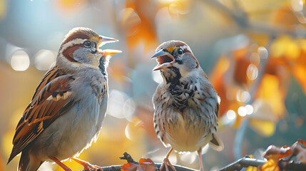 A detailed shot of two birds singing together. their melodious expressions and vibrant feathers illuminated by the midday sun - obrazy, fototapety, plakaty