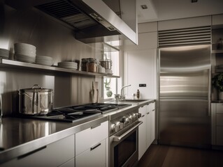 A sleek white kitchen with stainless steel appliances