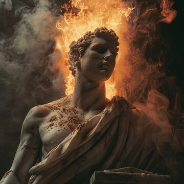 ancient greek marble statue of young man, 25 years old, wearing toga, standing proud, huge fire bursting out from within his heart, fire originating from his heart, violent fire